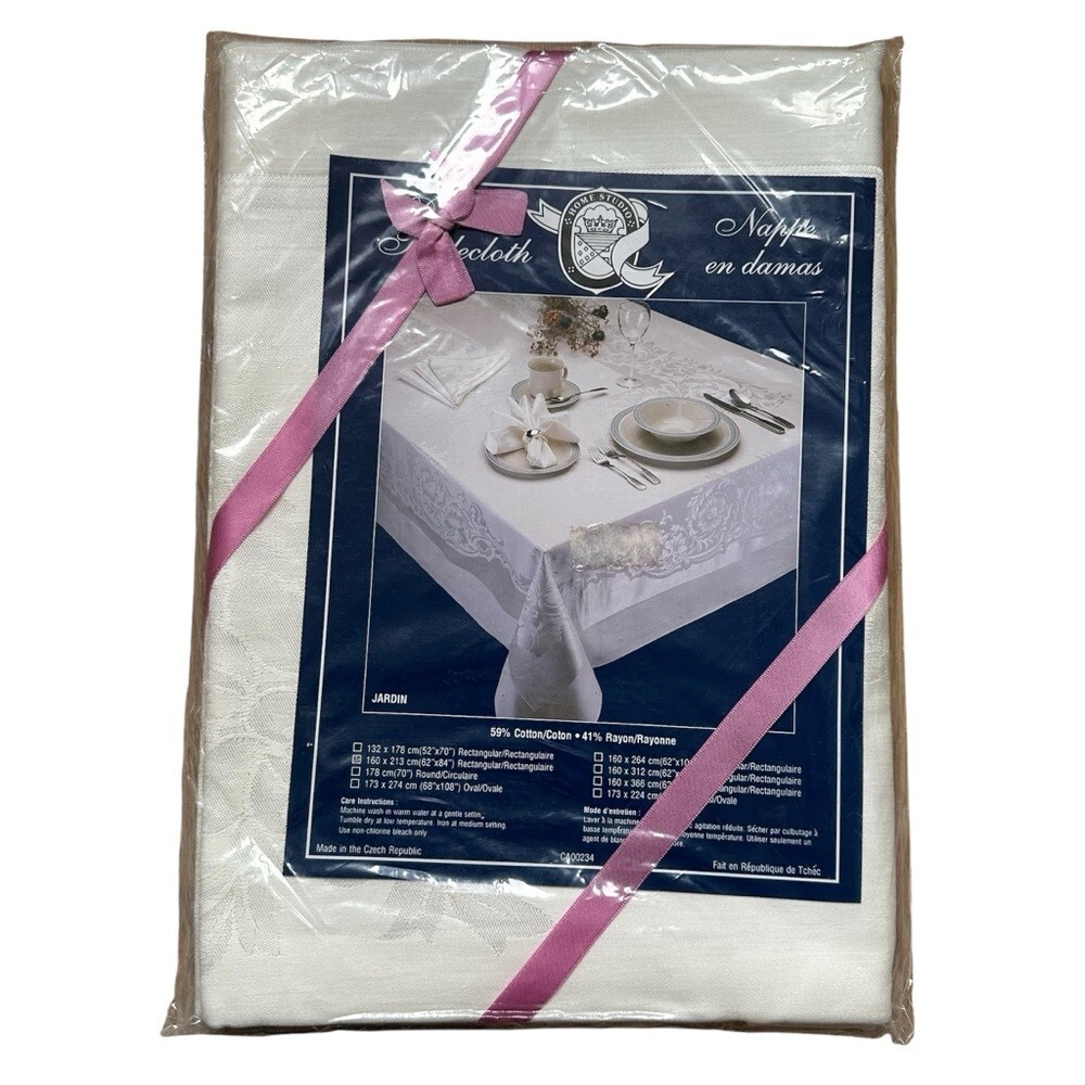 NOS NWT Vintage Home Studio Damask White Tablecloth - 62" by 84" Rectangular
